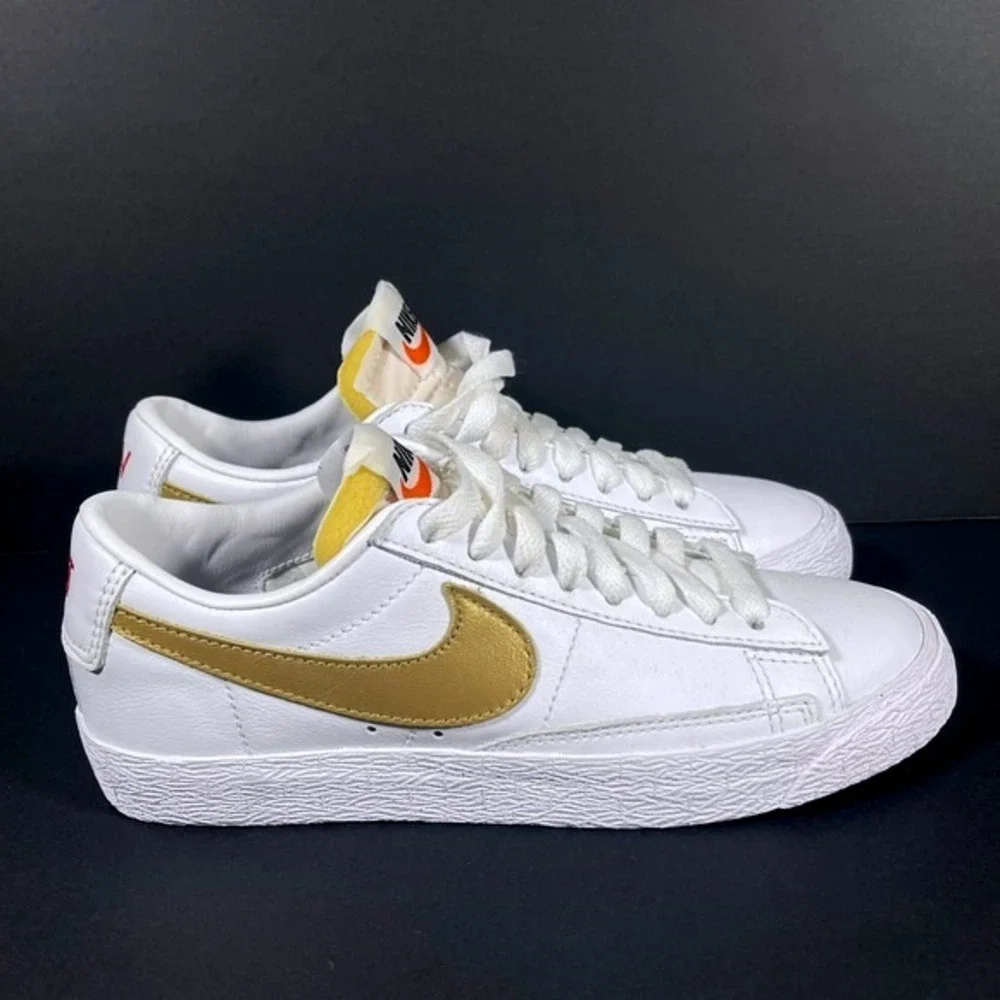 Nike Blazer Low Platform White Gold Red Custom Logo Sneakers Womens Size 5 Shoes